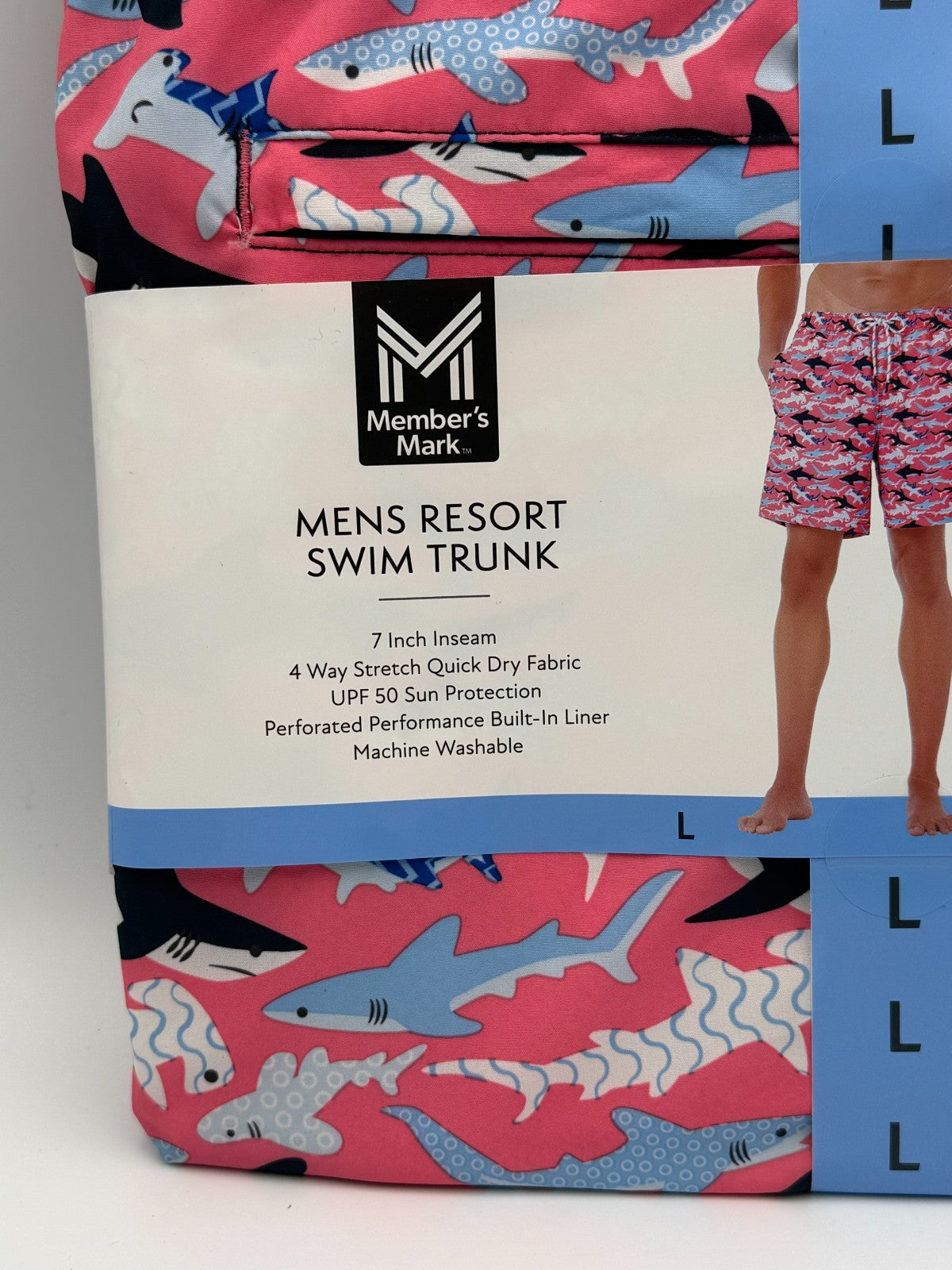 NWT Member's Mark Resort Swim Trunks Men Large Pink Shark Print Lined 7" Inseam