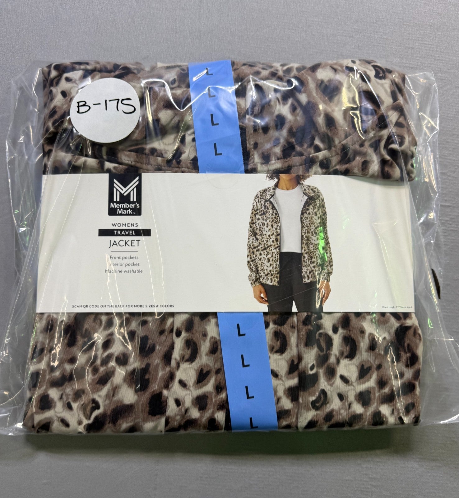 NWT Member's Mark Full-Zip Travel Jacket Women's Large Black/Brown Leopard Print