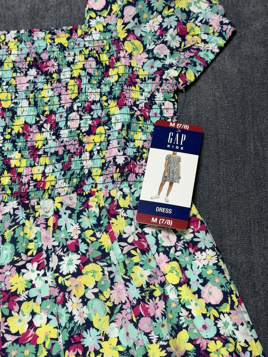 NWT Gap Knee Length Smocked Dress Girls M (7/8) Multicolor Floral Short-Sleeve