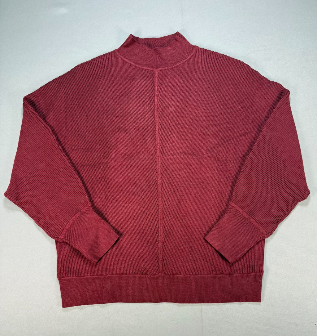 Women's Oversized Ribbed Knit Sweater Medium Burgundy Pullover Mock Neck Preppy