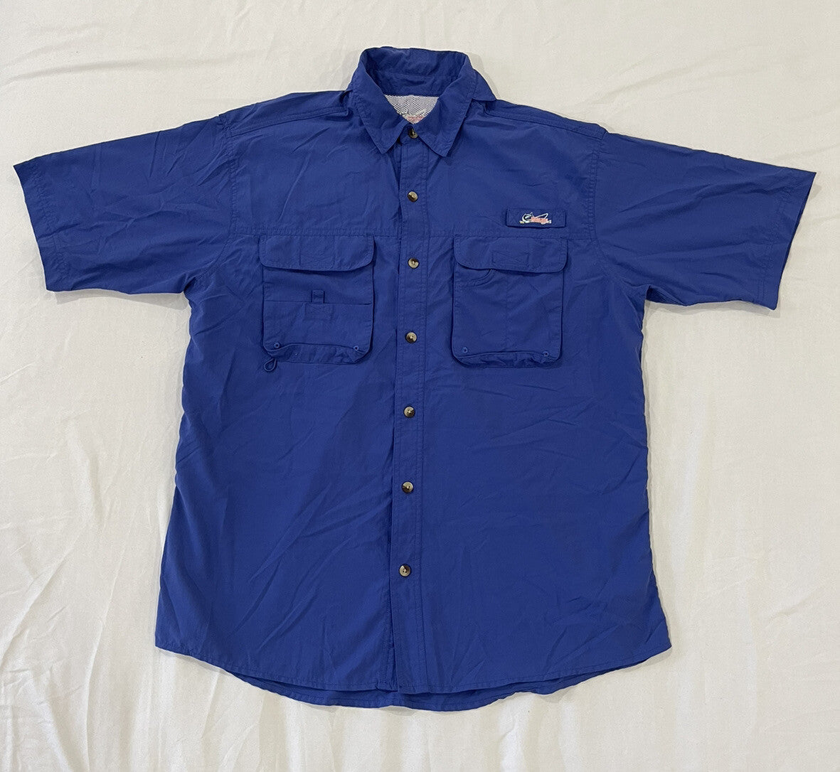 World Wide Sportsman fishing shirt, Blue mens Size L Large vented back  B1