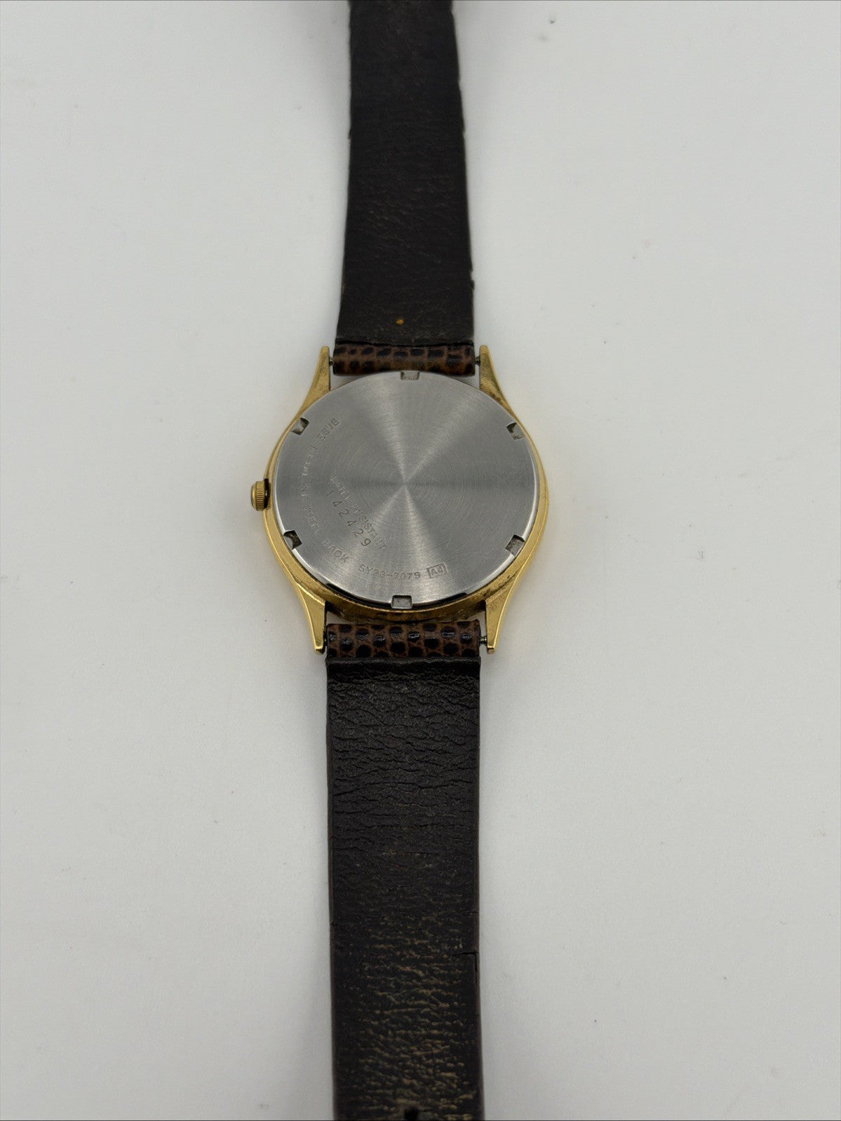 Seiko SQ Watch Men 34mm Gold Dial Gold Tone Daydate Round 5Y23-7079