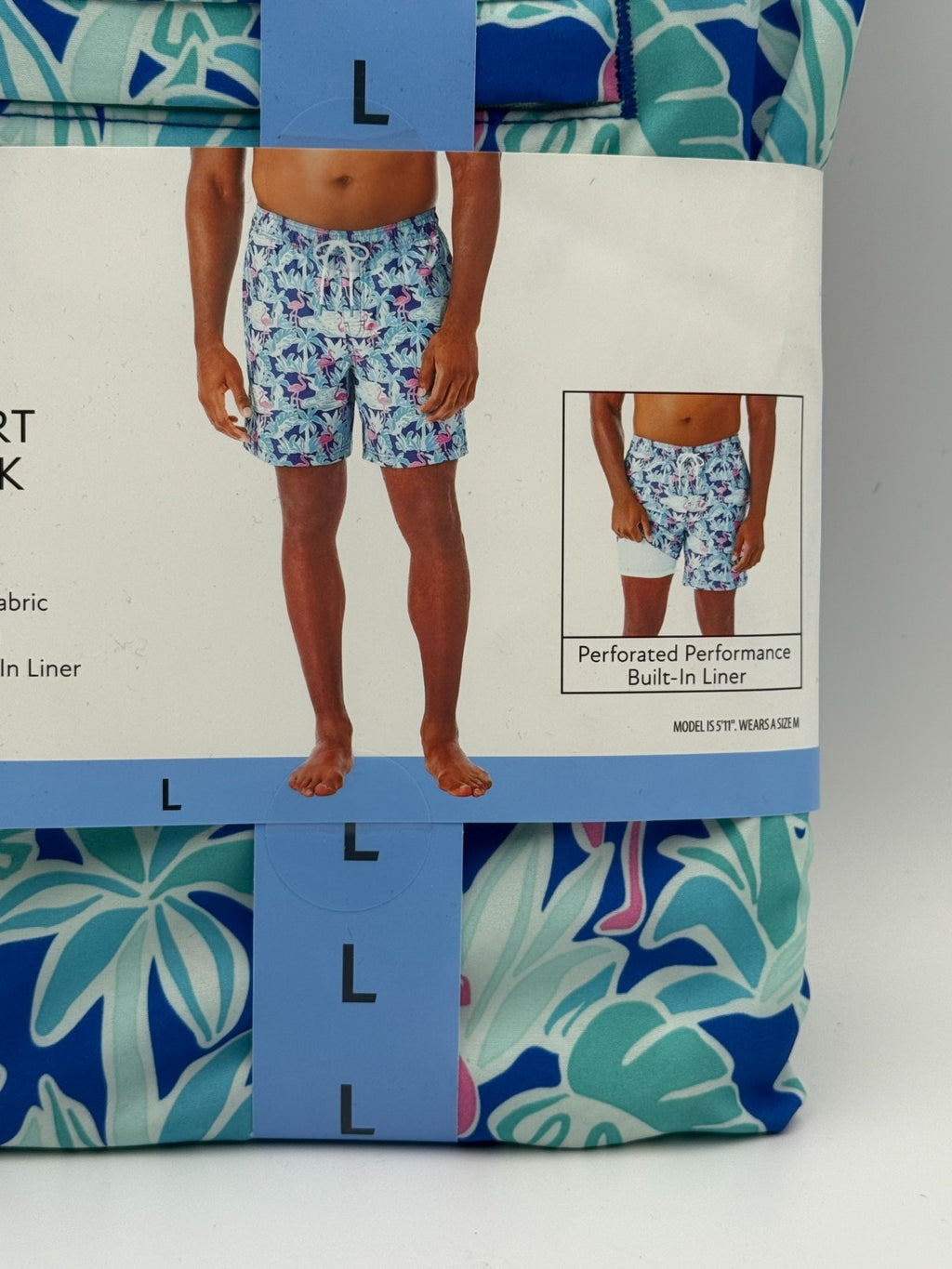 NWT Member's Mark Resort Swim Trunks Men Large Blue Flamingo Lined 4-Way Stretch