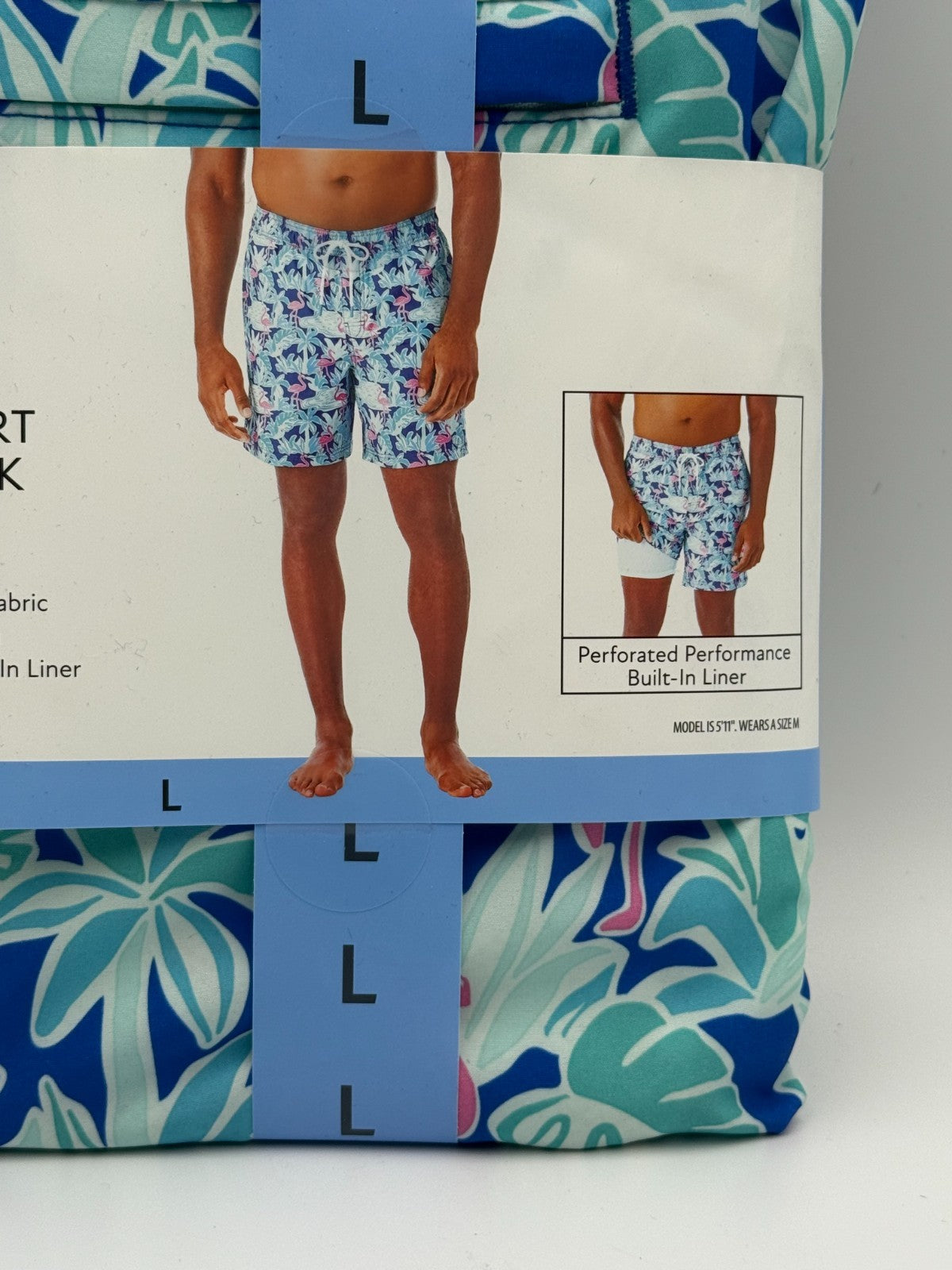 NWT Member's Mark Resort Swim Trunks Men Large Blue Flamingo Lined 4-Way Stretch