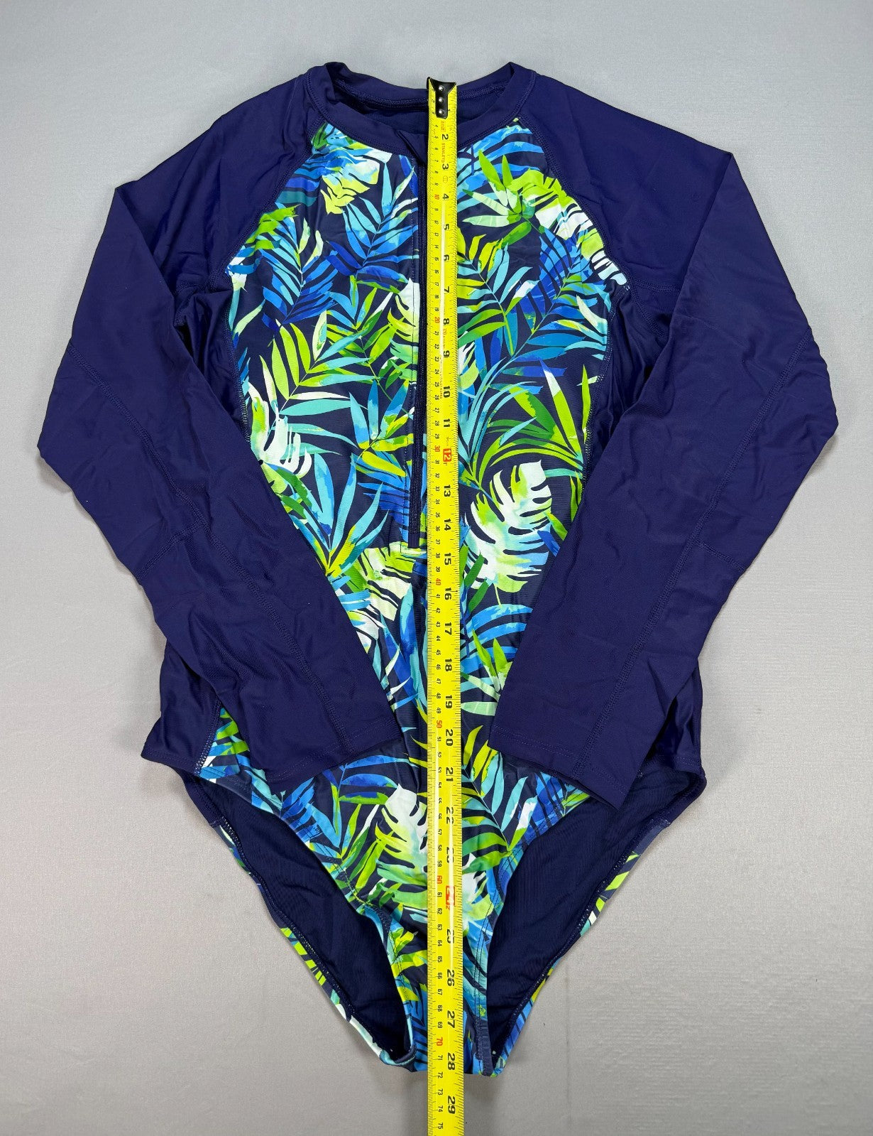 NWT Daci One Piece Swimsuit Women's Large Blue Tropical Leaf Summer Long Sleeve