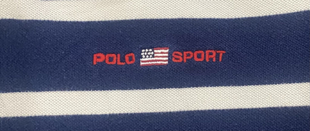 VINTAGE POLO RALPH LAUREN MEN'S LARGE Navy Blue White Stripes POLO SPORT Shirt