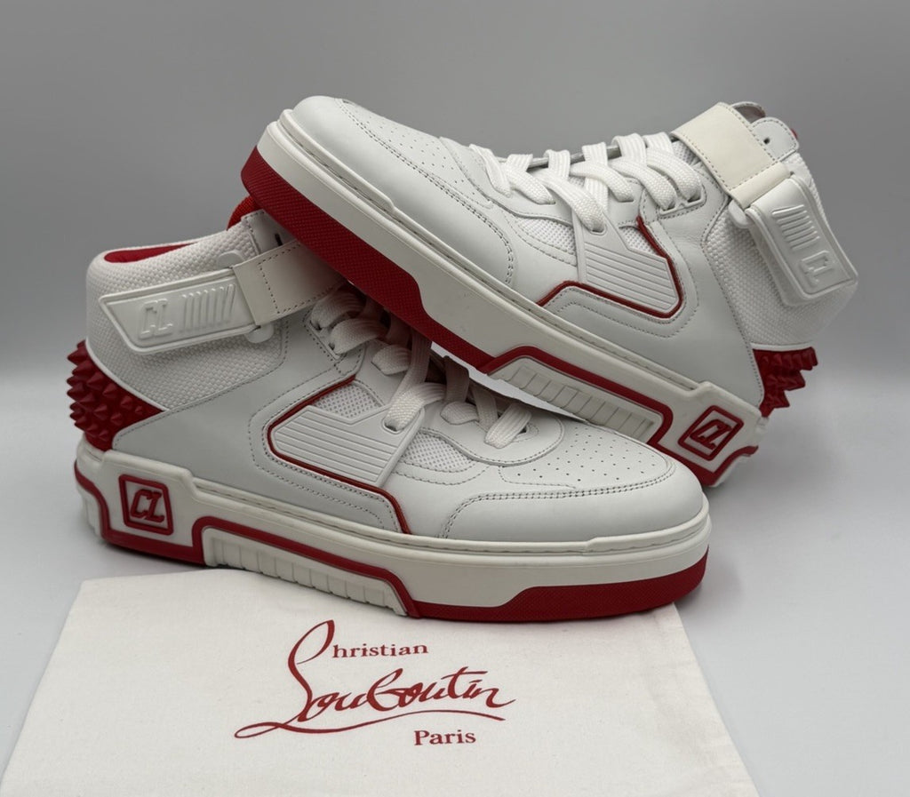 CHRISTIAN LOUBOUTIN White Red Astroloubi Spike Mid Top Sneakers 41.5 EU; 8.5 US