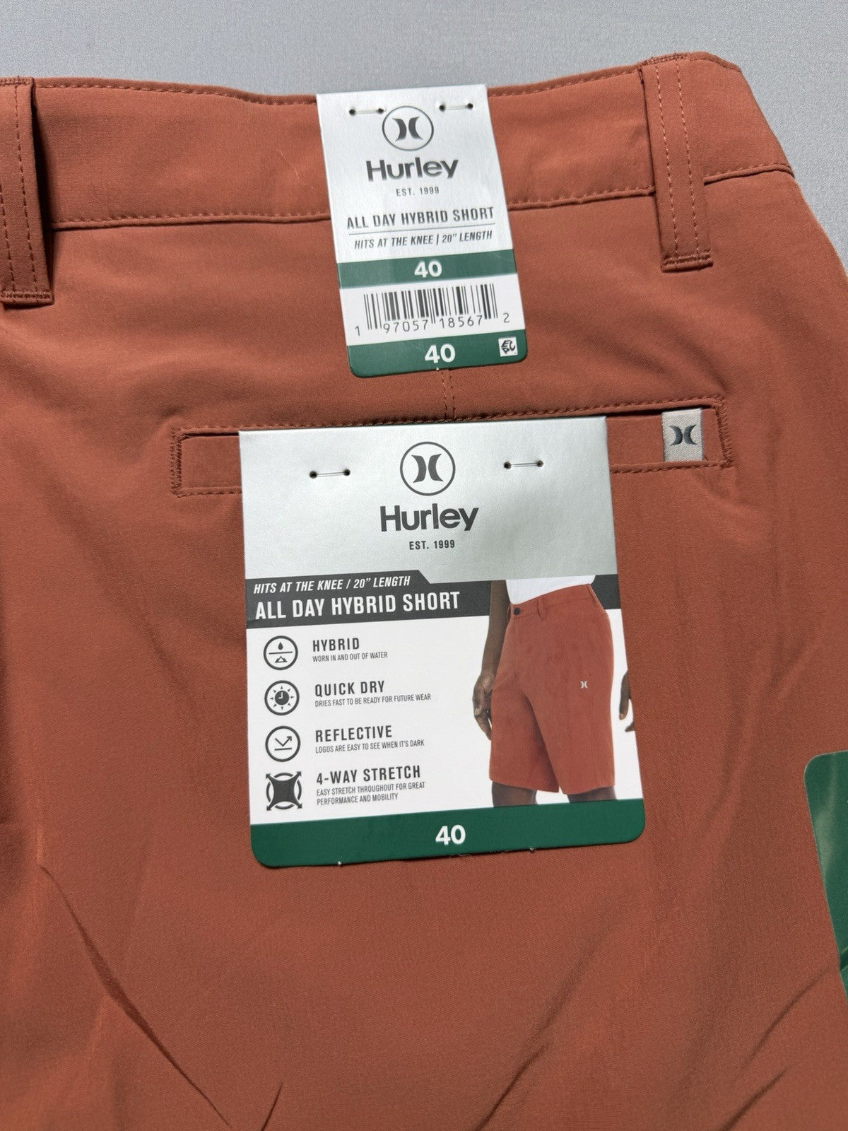 NWT Hurley All Day Hybrid Short Men's Size 40 Redwood Rust 4-Way Stretch Comfort
