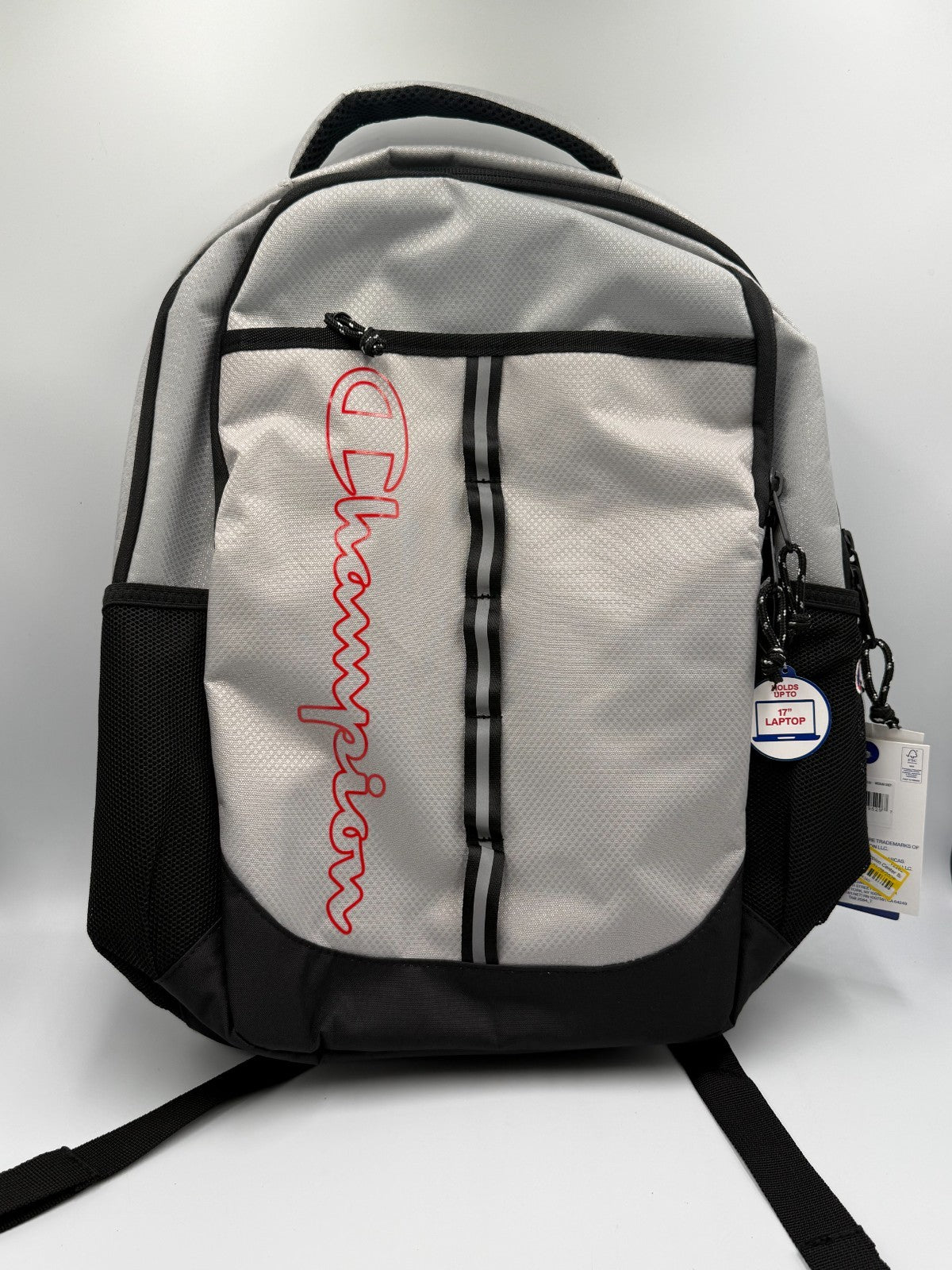 NWT Champion Center Backpack Gray Black Red Fits 17" Laptop School Travel Bag