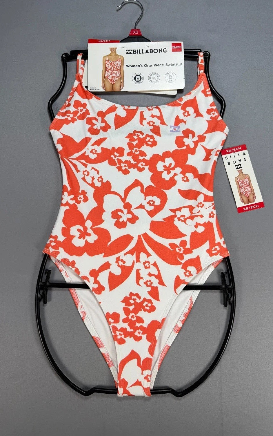 NWT Billabong One-Piece Swimsuit Women XS Orange Floral Sleeveless Summer Beach