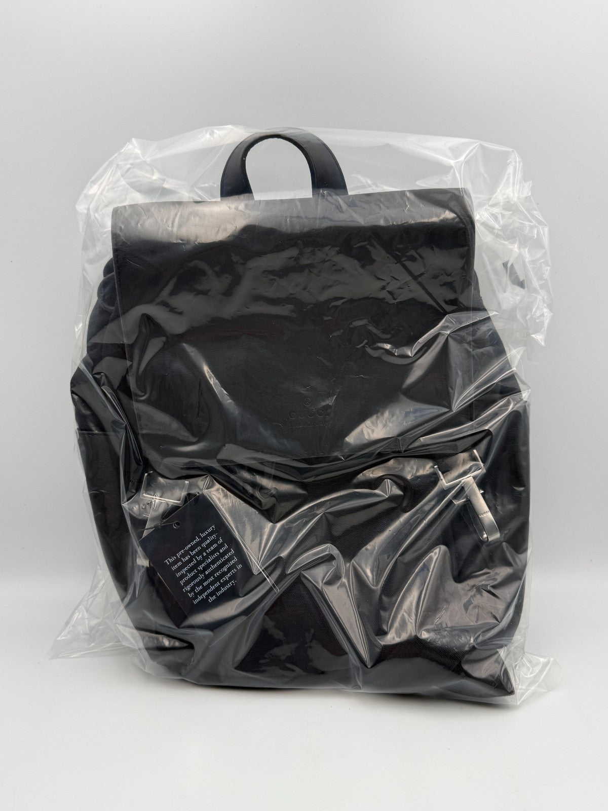 Gucci Backpack Unisex Nylon Leather Black Embossed Logo Flap Drawstring Buckle