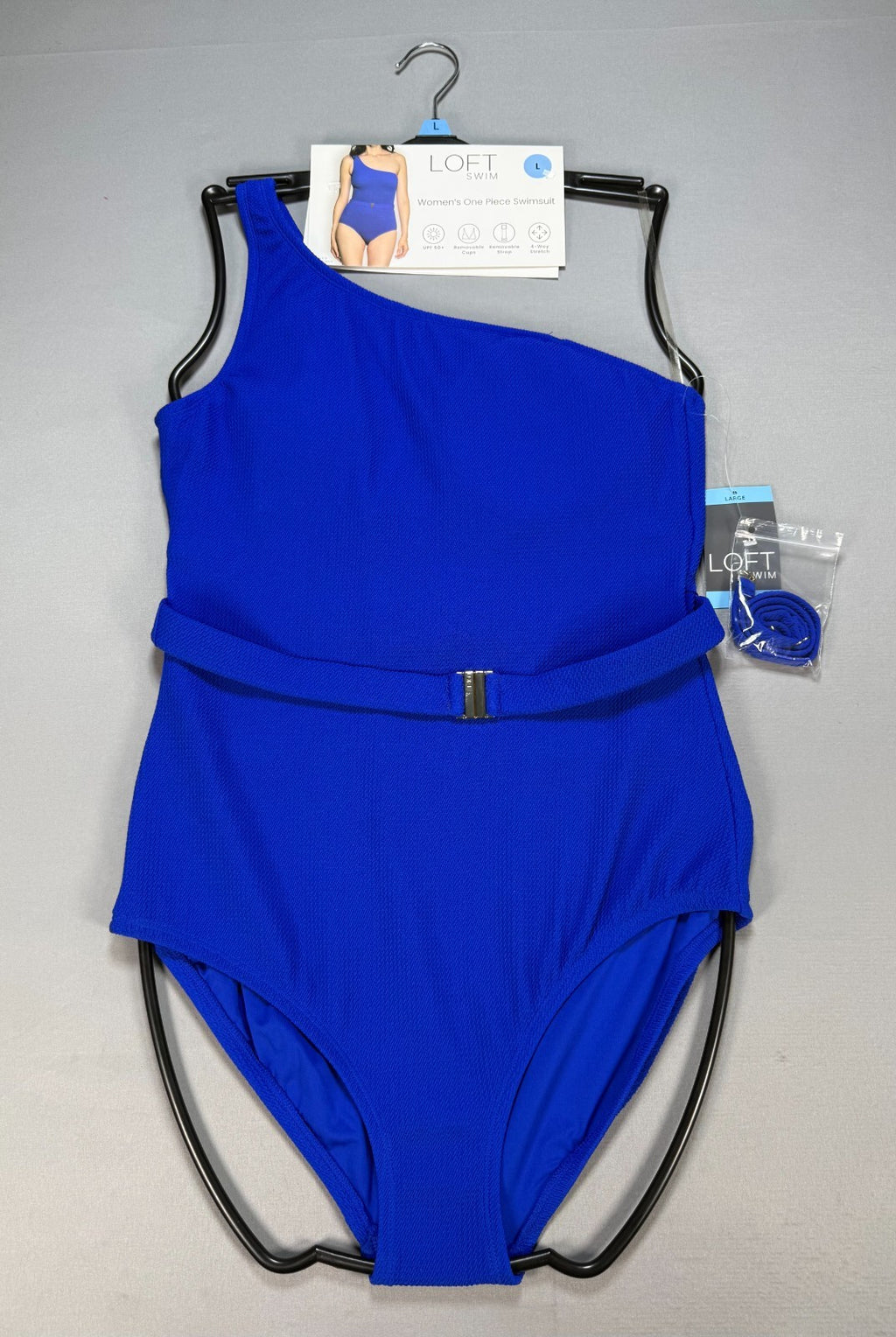 NWT Loft Asymmetrical Textured One-Piece Swimsuit Womens Large Blue Summer Beach
