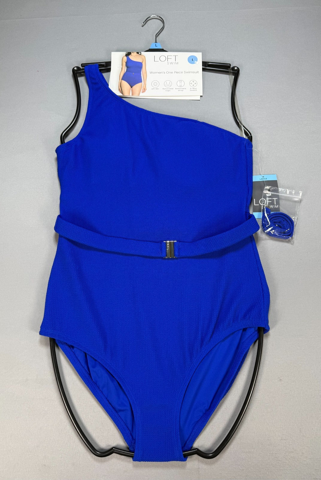 NWT Loft Asymmetrical Textured One-Piece Swimsuit Womens Large Blue Summer Beach