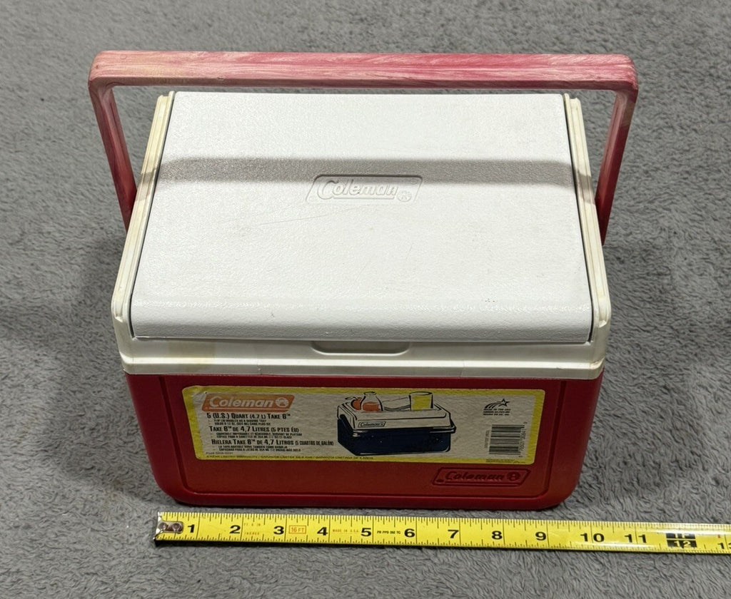 Vintage Coleman Red Flip Top Lid Personal Mini Cooler 5205, 6 Pack Lunchbox