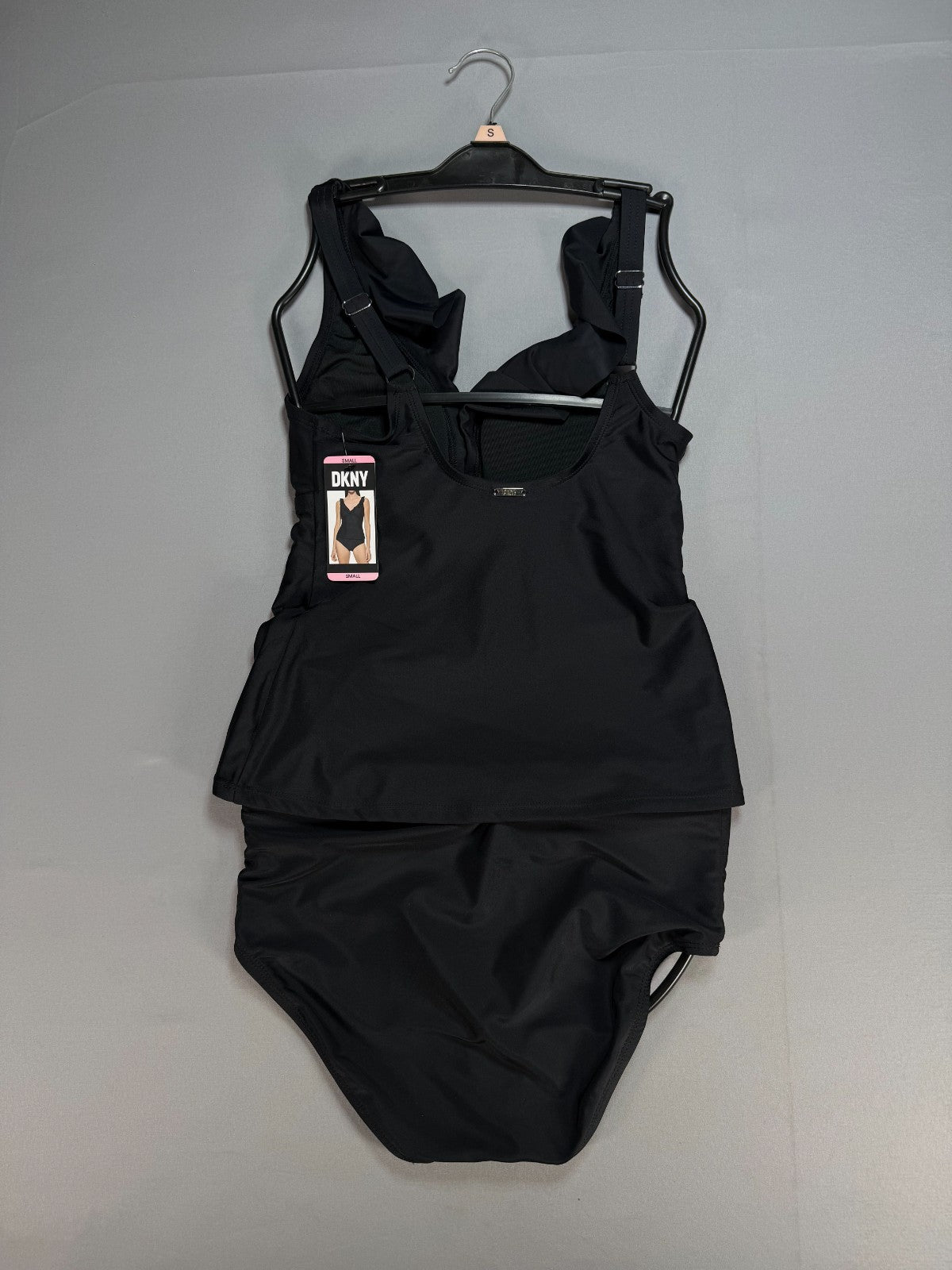 $118 DKNY 2-Pieces Ruffle Plunge Tankini Swimsuit Women's Small Black Sleeveless