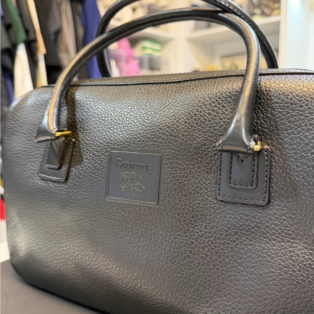 Burberry Black Leather Nova Check Mini Boston Bag - 32cm