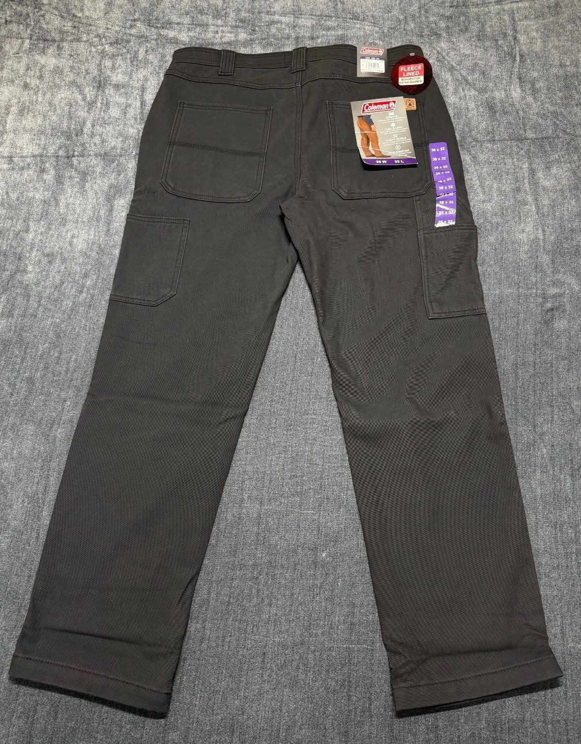 NWT Coleman Work Pants Men 36X32 Black Fleece Lined Straight Leg Pockets Pull-On