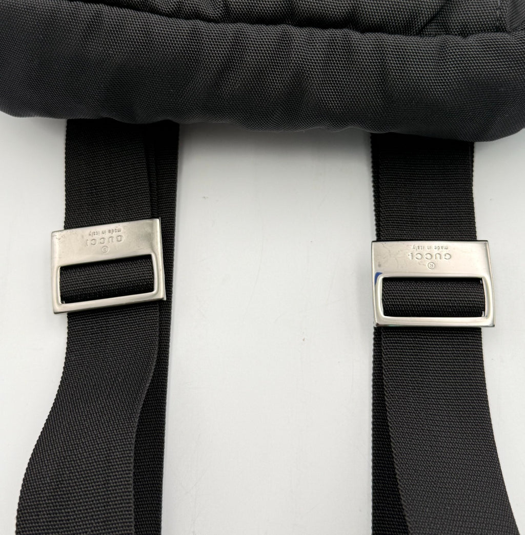 Gucci Backpack Unisex Nylon Leather Black Embossed Logo Flap Drawstring Buckle