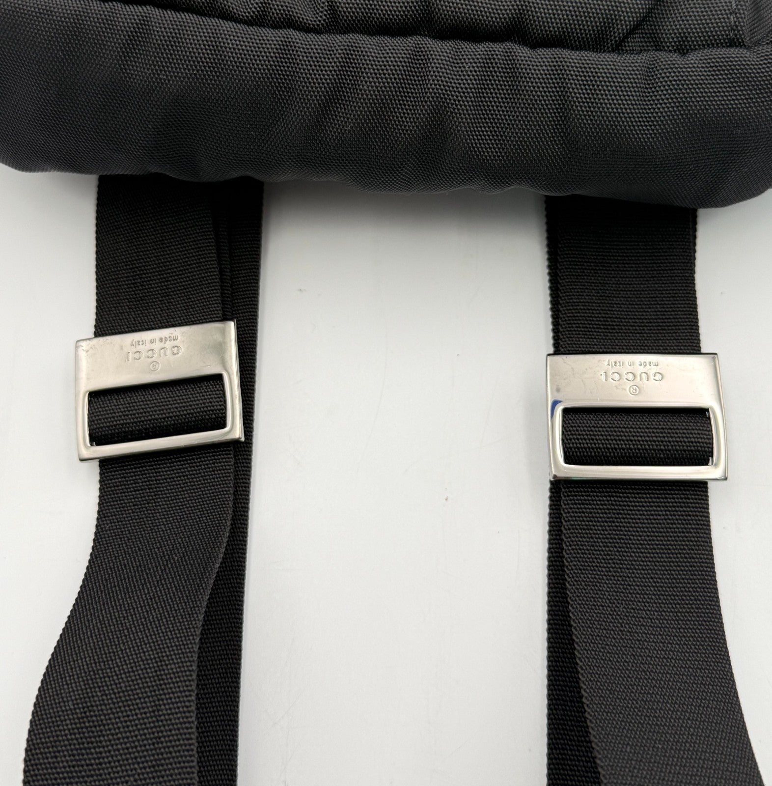 Gucci Backpack Unisex Nylon Leather Black Embossed Logo Flap Drawstring Buckle