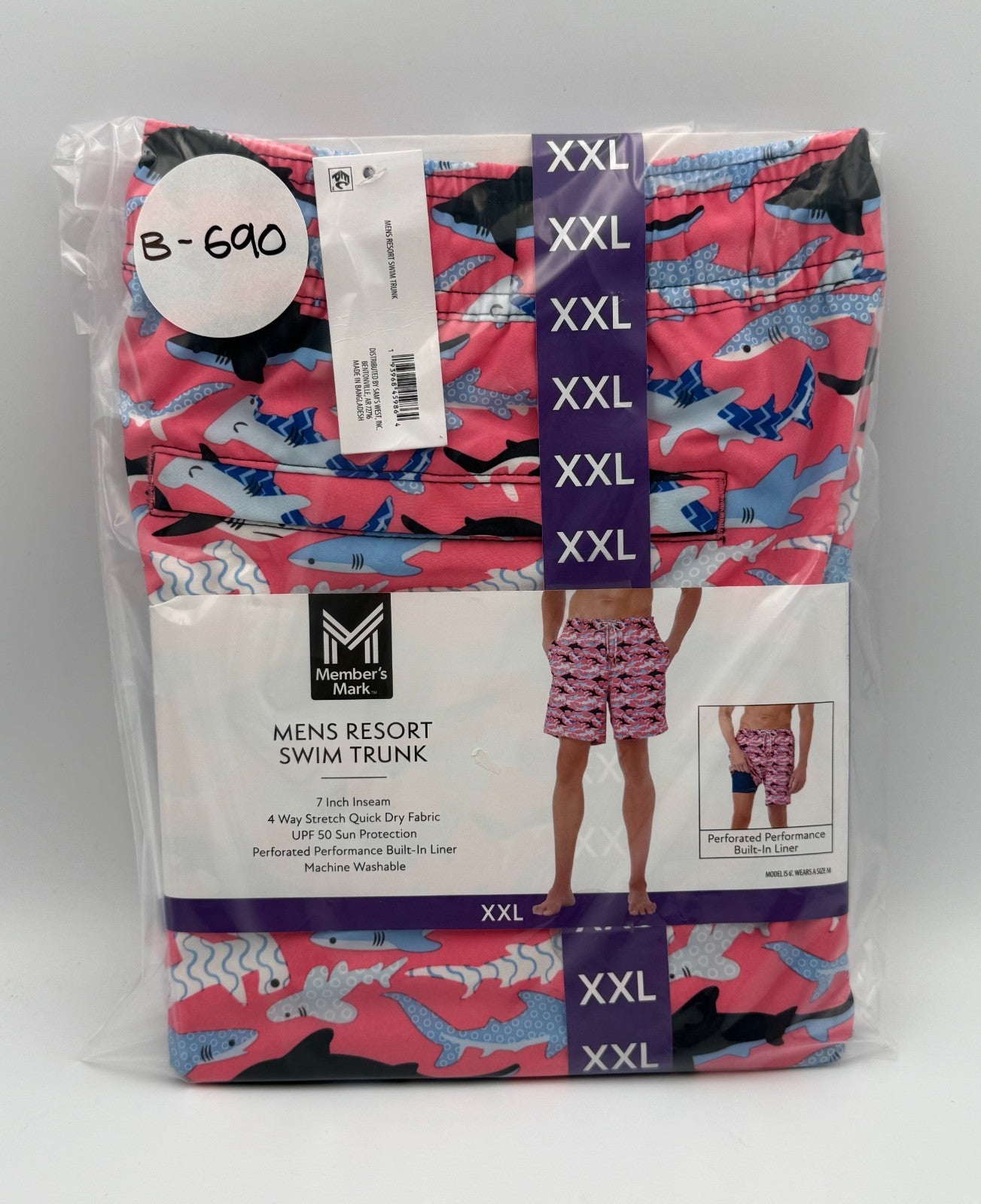 NWT Member's Mark Resort Swim Trunks Mens 2XL Pink Shark Print Drawstring Summer