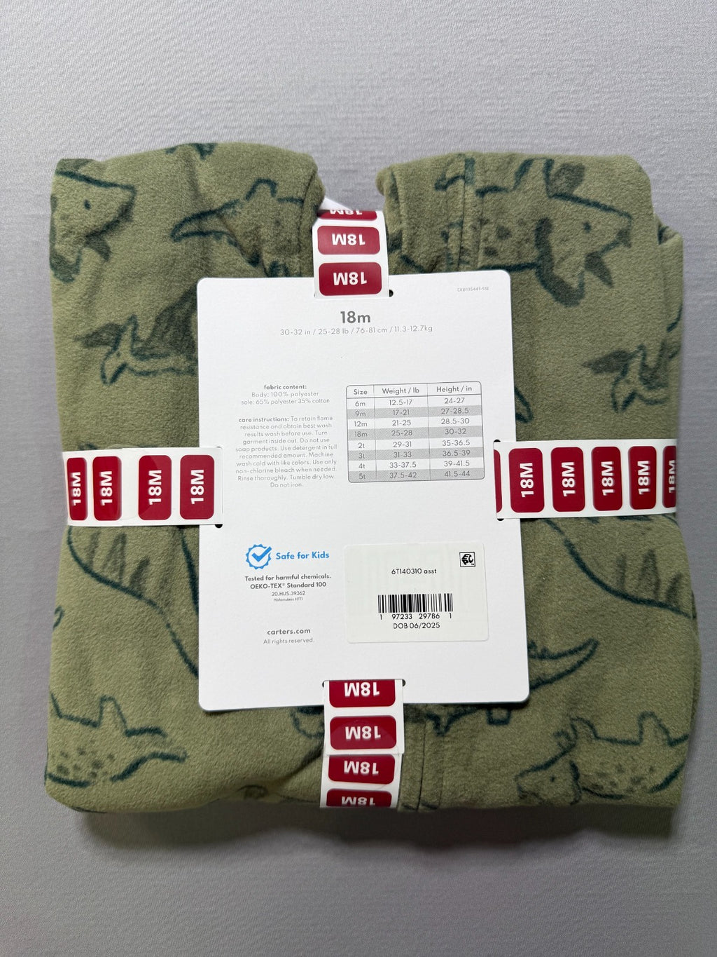 NWT Carter's Fleece Footie Pajama Toddlers 18M Green Animal Print Casual Wear