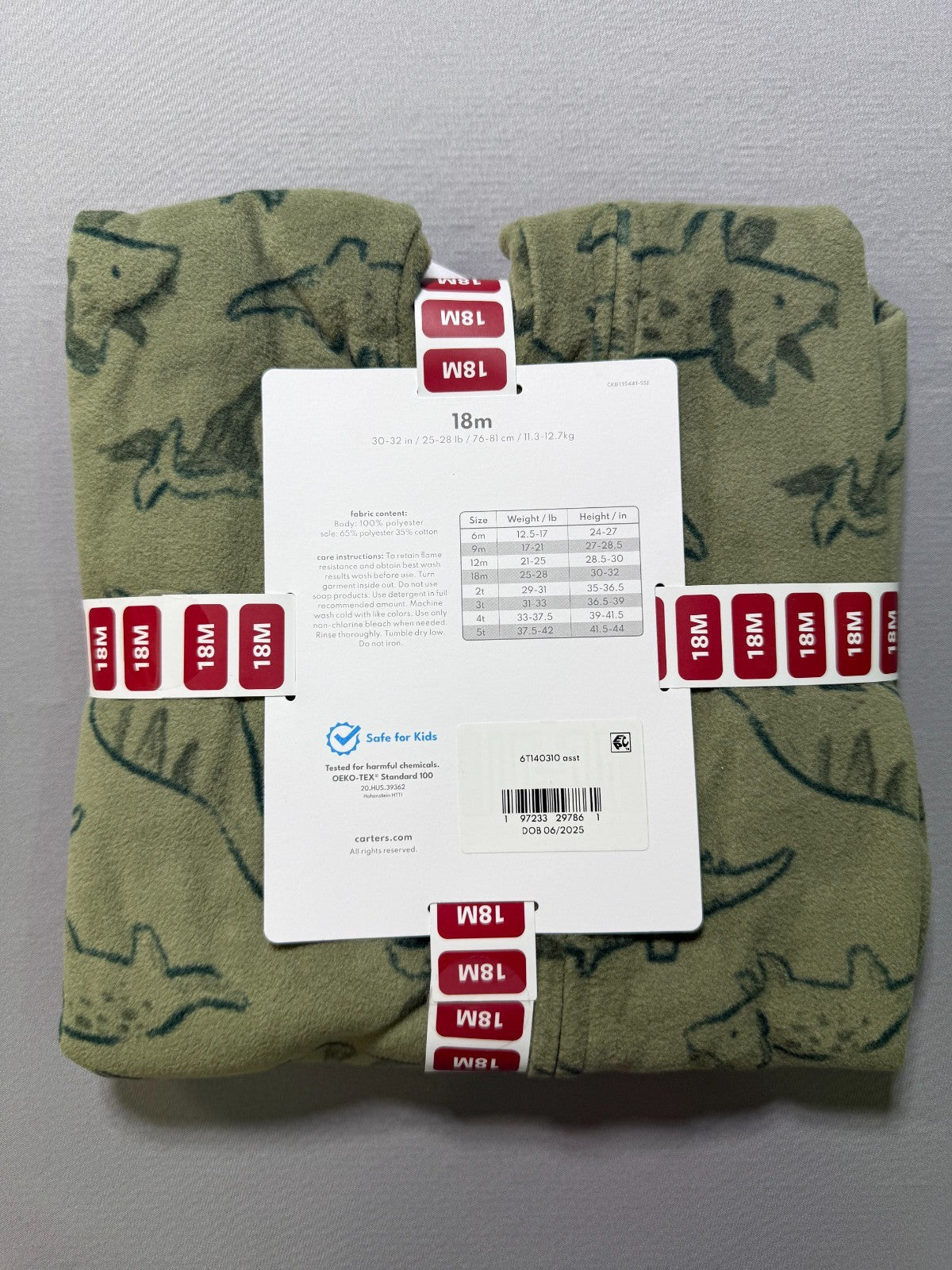 NWT Carter's Fleece Footie Pajama Toddlers 18M Green Animal Print Casual Wear