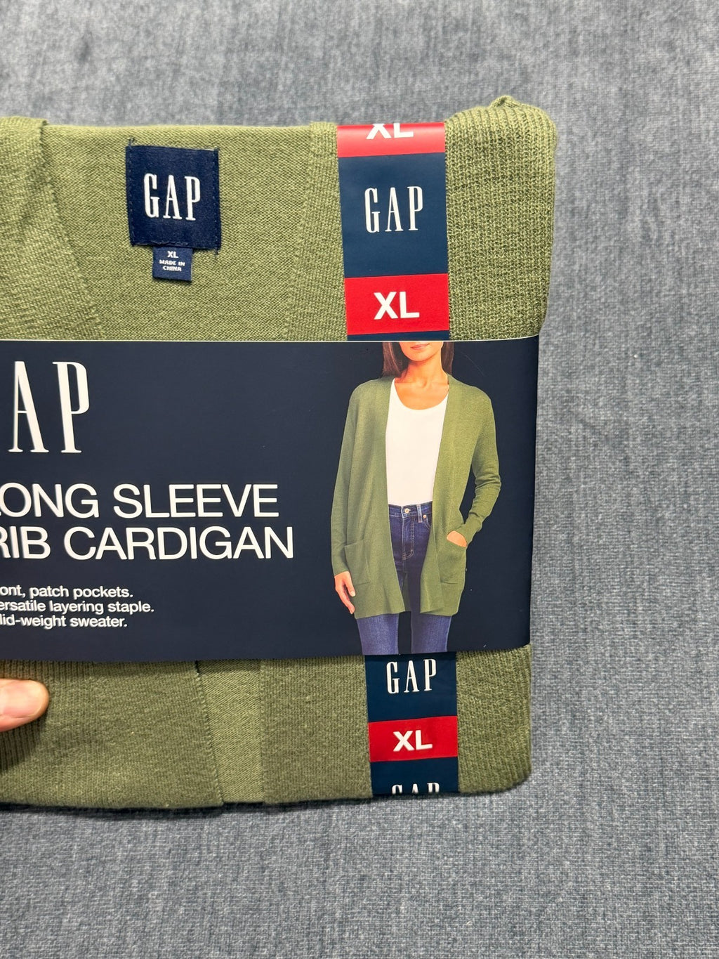 Gap Long Sleeve Rib Cardigan Sweaters Women's XL Green Patch Pockets Winter Cozy