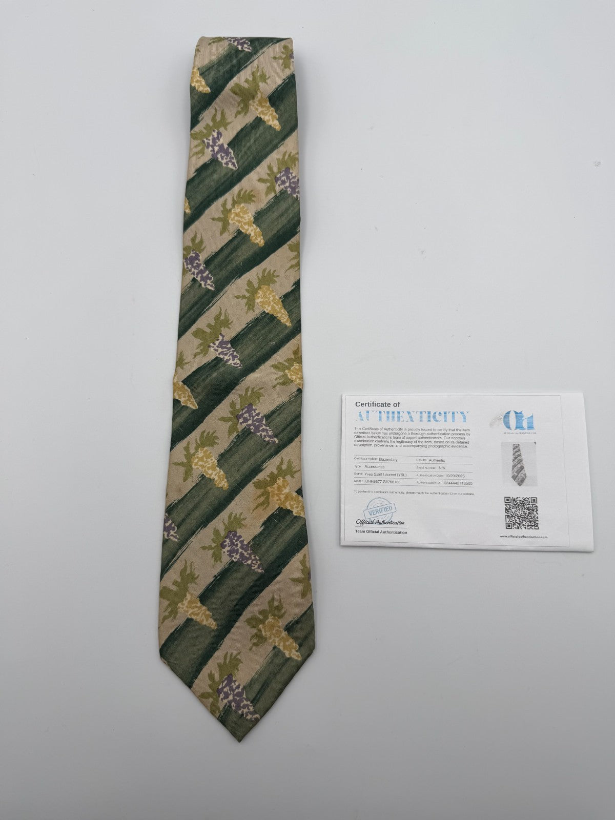 Vintage Yves Saint Laurent Necktie 100% Silk Tie Green Beige Floral Abstract Tie