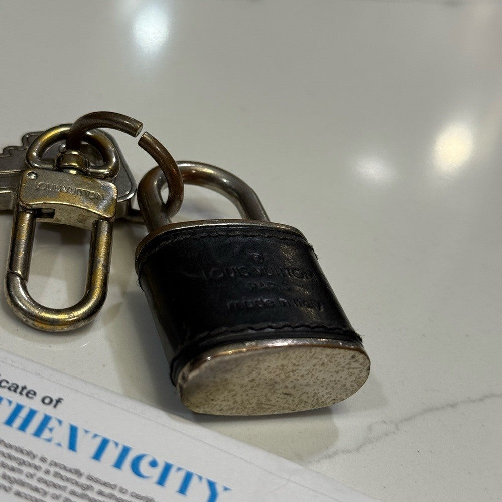 Louis Vuitton Black Leather Keychain with Lock charm