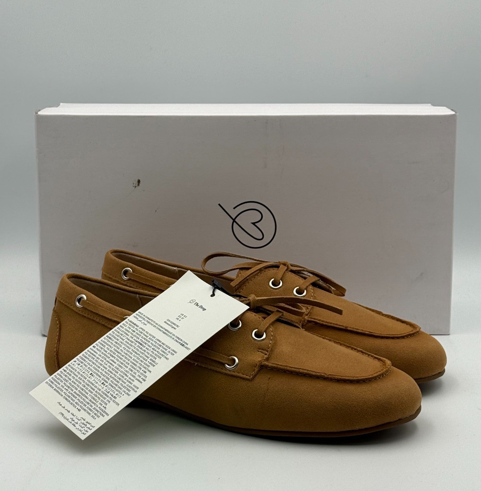 New The Drop Lace Details Boat Shoes Women's 6.5 Tan Faux Suede Slip-On Comfort