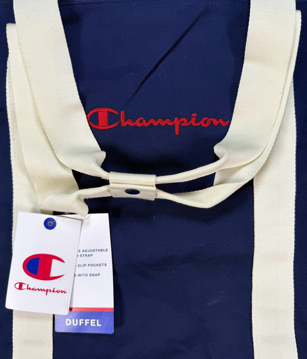 NWT Champion Canvas Duffel Bag Navy Blue Embroidered Logo Travel Weekender Gym