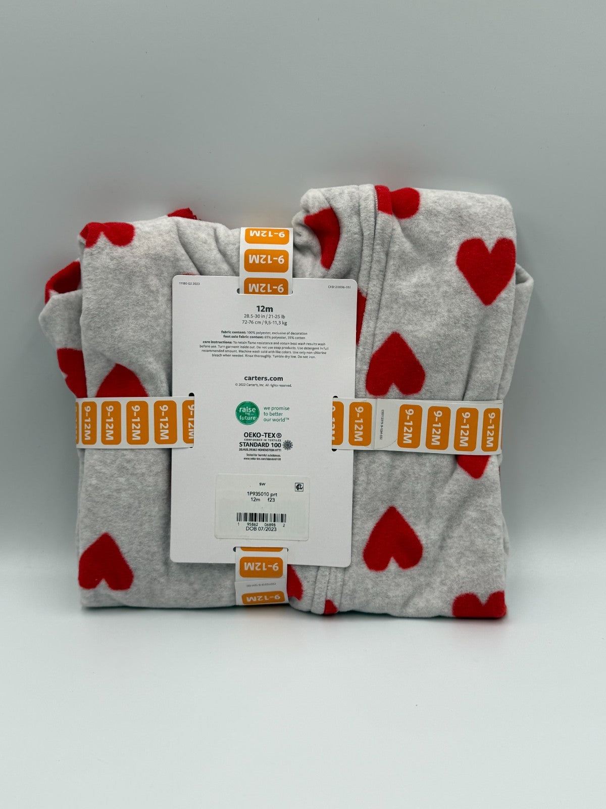 NWT Carter's Fleece Footie 1-Piece Pajama Set Baby 9-12M Gray Red Heart Comfort