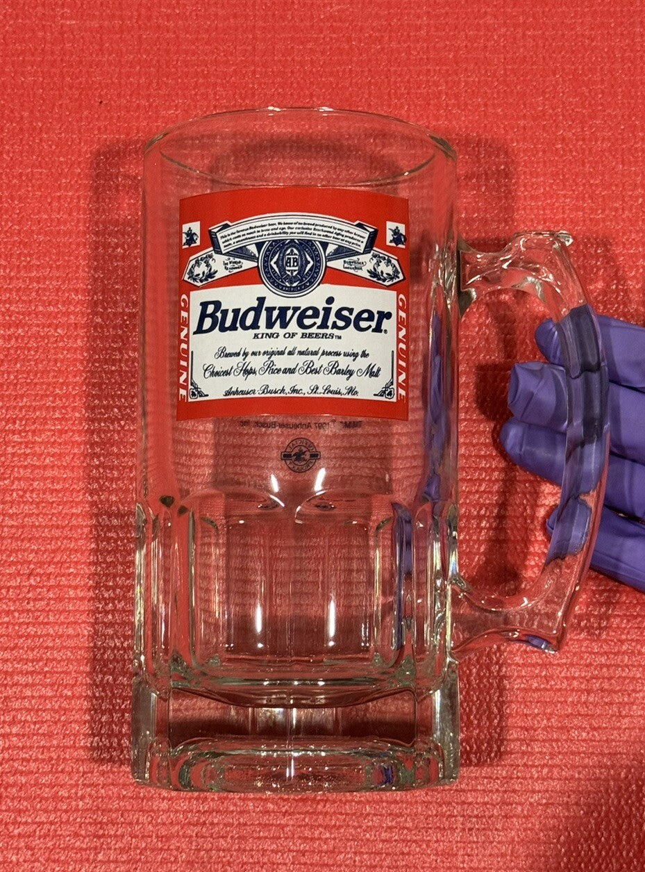 Vintage NEW 1997 Budweiser Anheuser Busch Beer Mug Heavy Glass 8” Tall