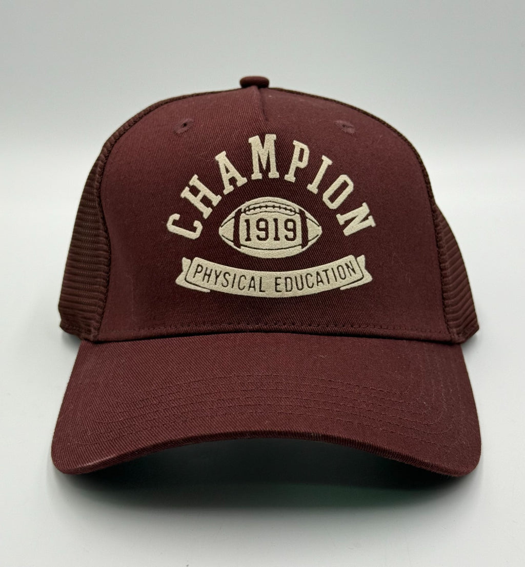 Champion 1919 Physical Education Football Trucker Hat Maroon Mesh Snapback Cap