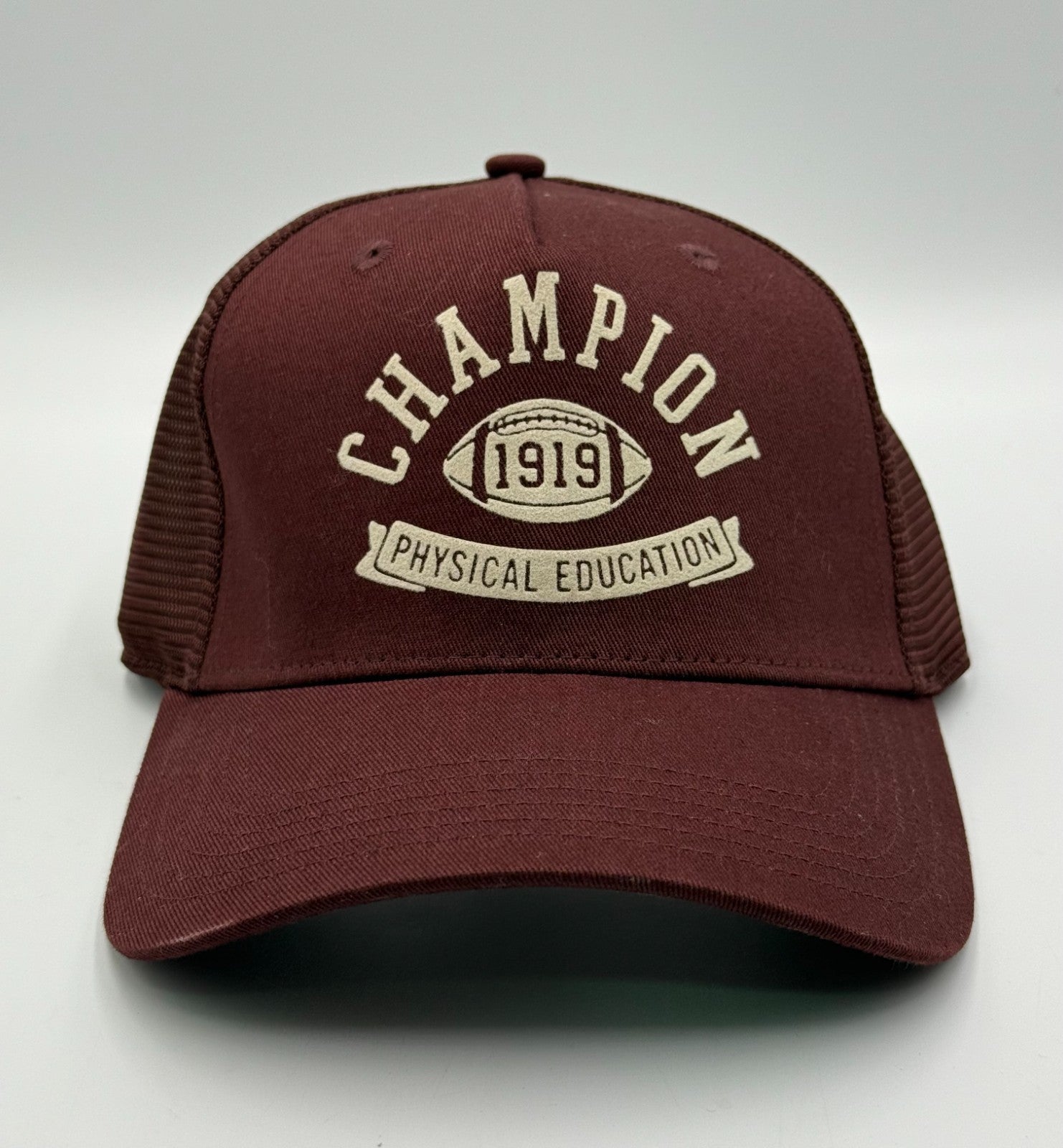 Champion 1919 Physical Education Football Trucker Hat Maroon Mesh Snapback Cap
