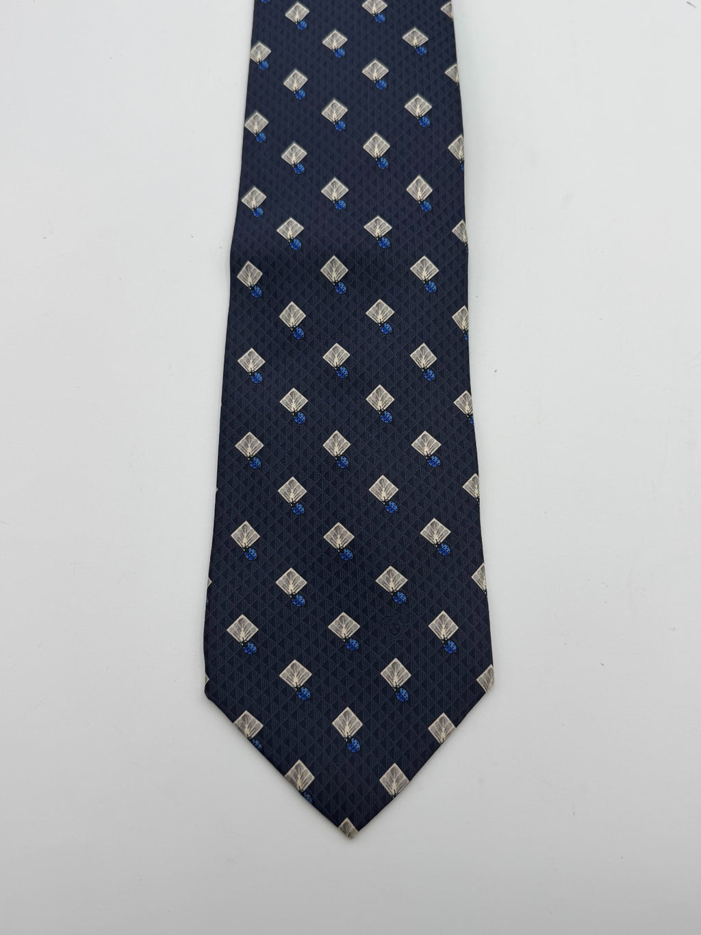 Vintage Versace Silk Necktie Men's Blue Geometric Diamond Pattern Luxury Tie