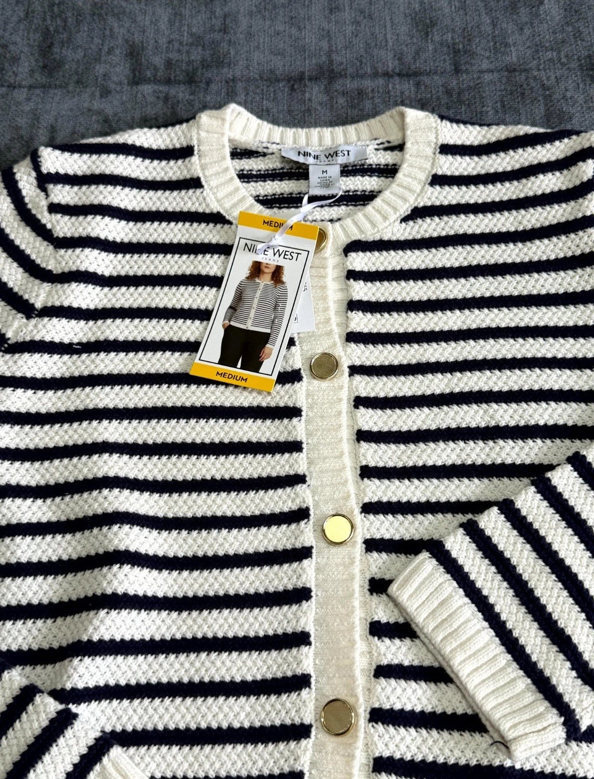 NWT Nine West Cropped Cardigan Sweater Women's Medium White Navy Striped Classic