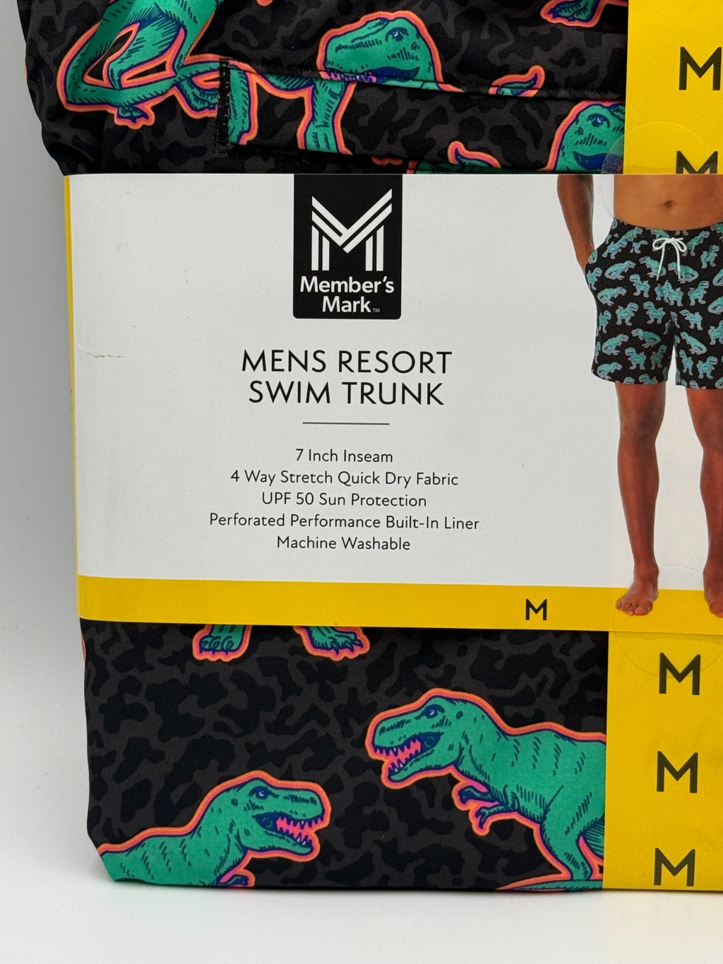 NWT Member's Mark Resort Swim Trunks Men's Medium Black Dinosaur Print 7" Inseam