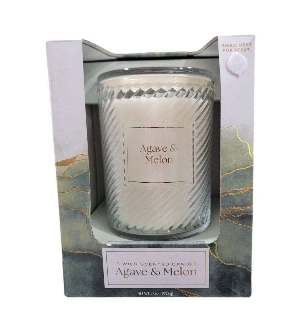 Set Of 2 Member's Mark 3-Wick Ribbed Glass Candle, Agave & Melon, 28 oz.