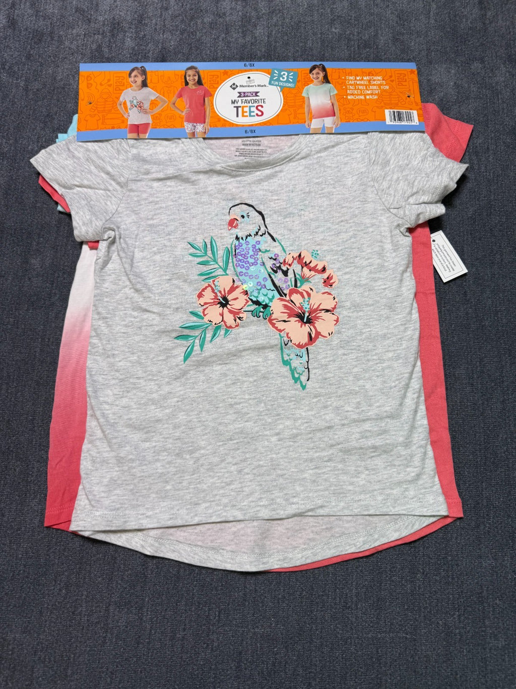 NWT Member's Mark My Favorite Active Tees Girls 6/6X Multicolor Preppy - 3-Pack