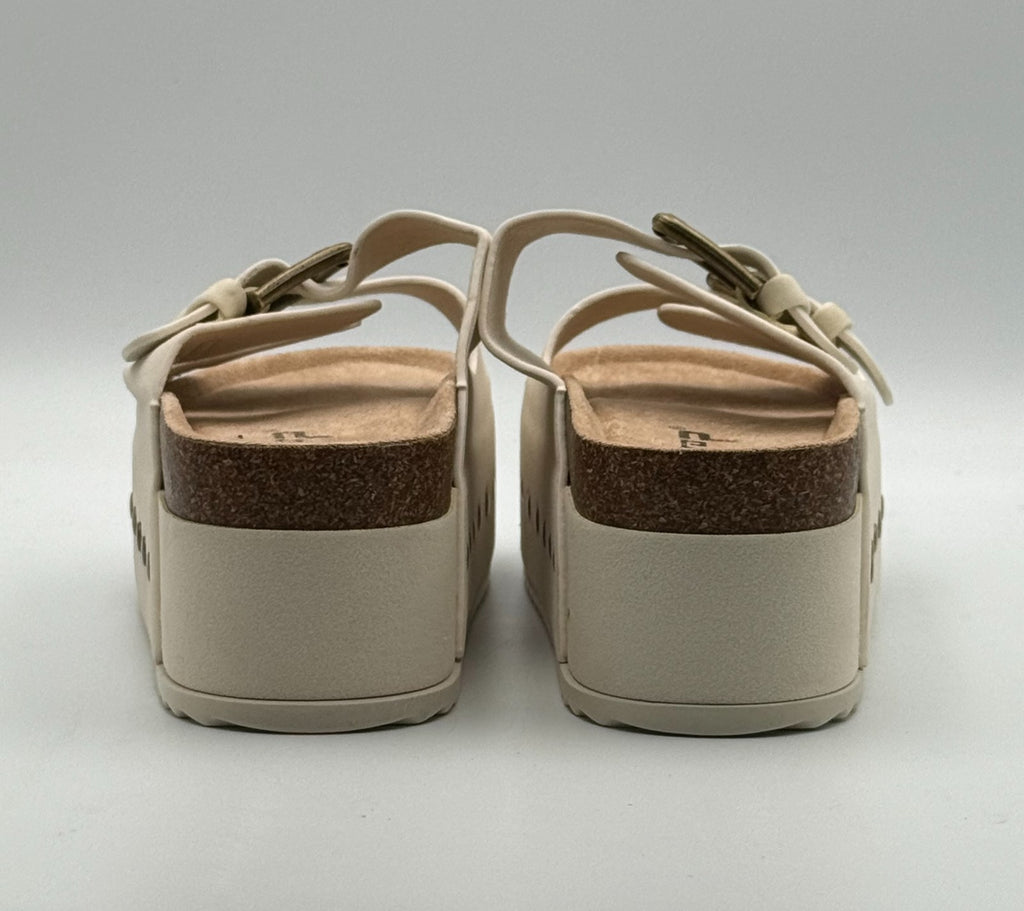 New Ziitop Double Buckle Flat Footbed Sandal Women's 7 Beige Leather Platform