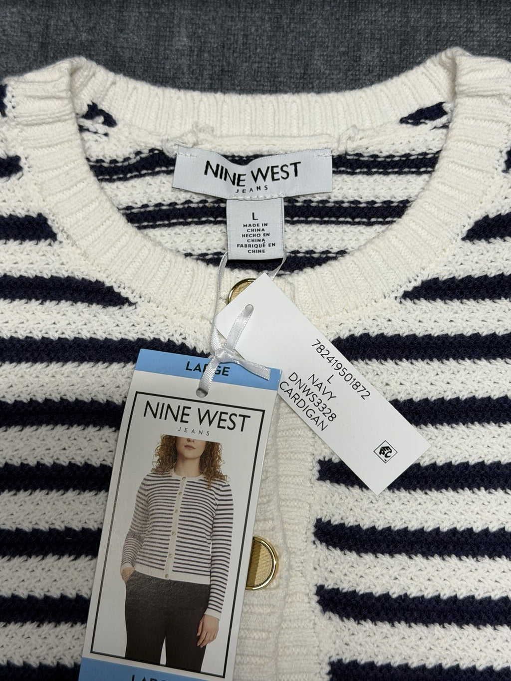 NWT Nine West Cropped Cardigan Sweater Women's Large White Navy Striped Classic