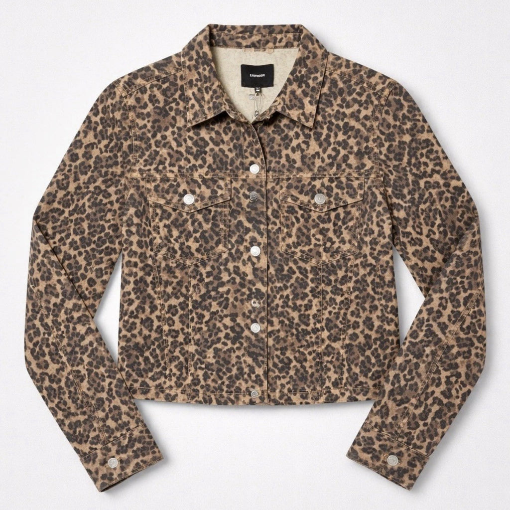 Express Lightweight Leopard Print Classic Denim Jacket Women's Medium Multicolor