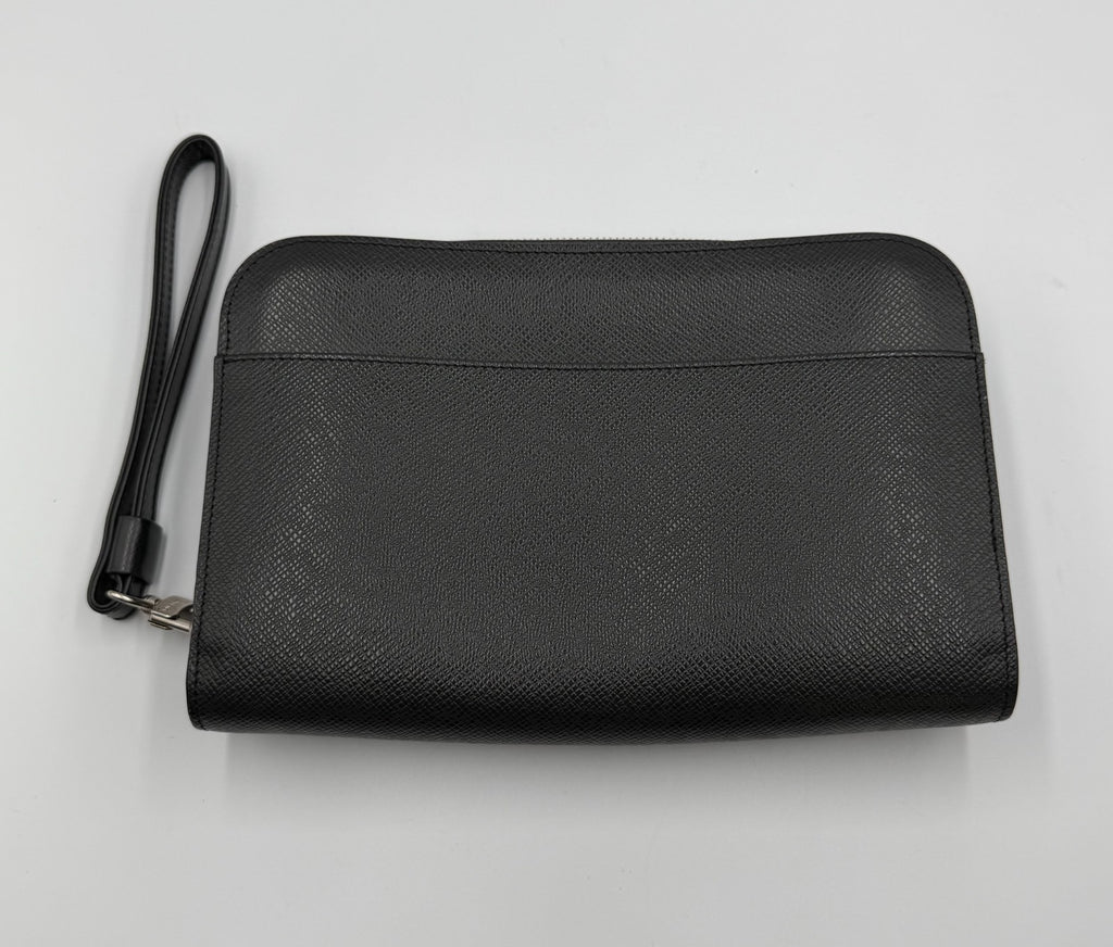 Authentic Louis Vuitton Taiga Baikal Clutch Bag Women Black Logo Genuine Leather