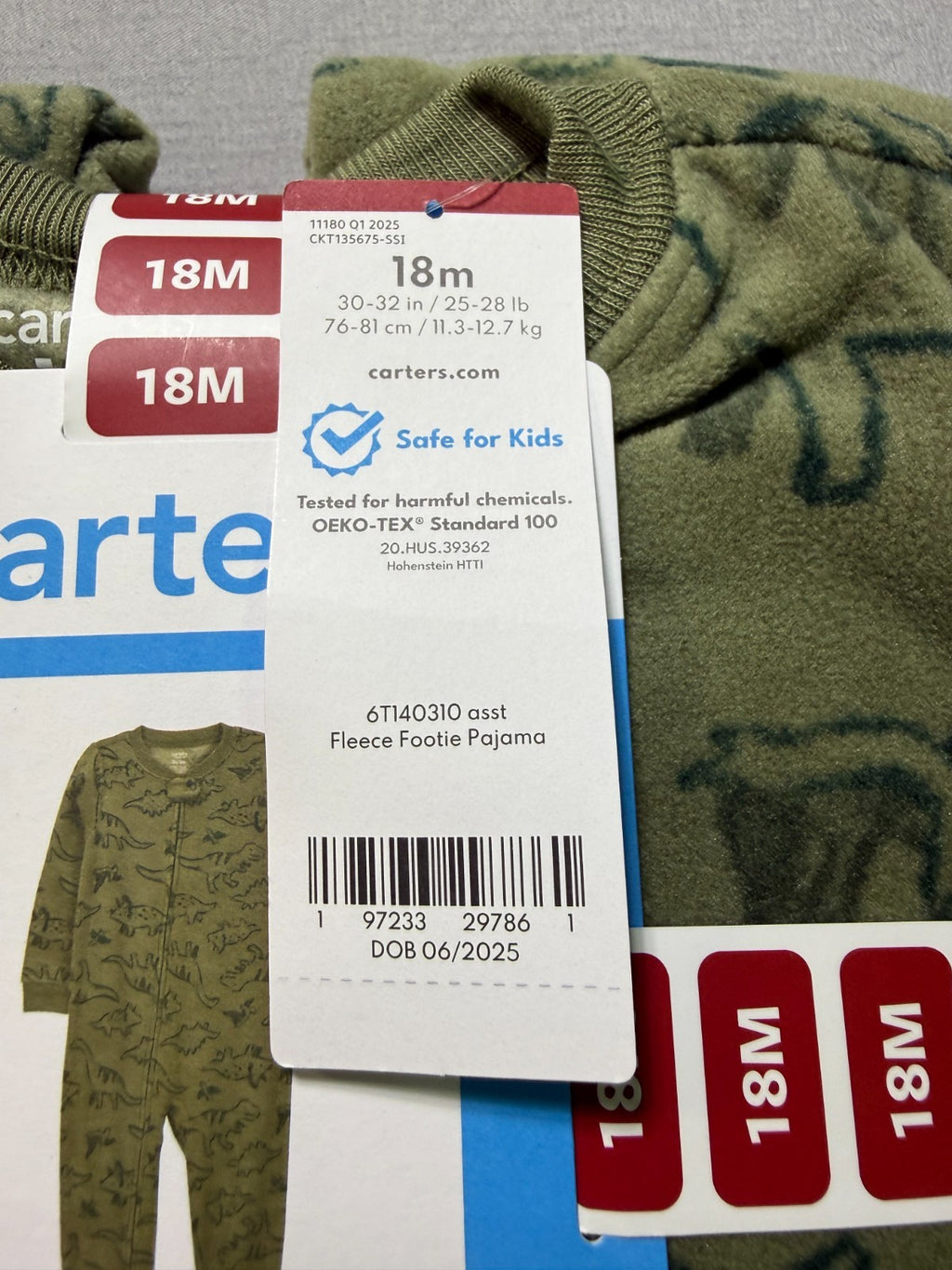 NWT Carter's Fleece Footie Pajama Toddlers 18M Green Animal Print Casual Wear