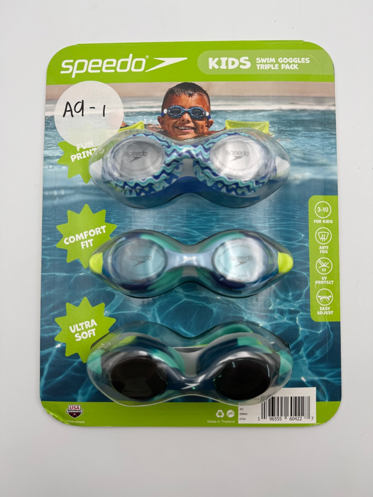 New Speedo Swim Goggles Kids 3-10 Blue Anti-Fog 100% UV Protection - Pack Of 3