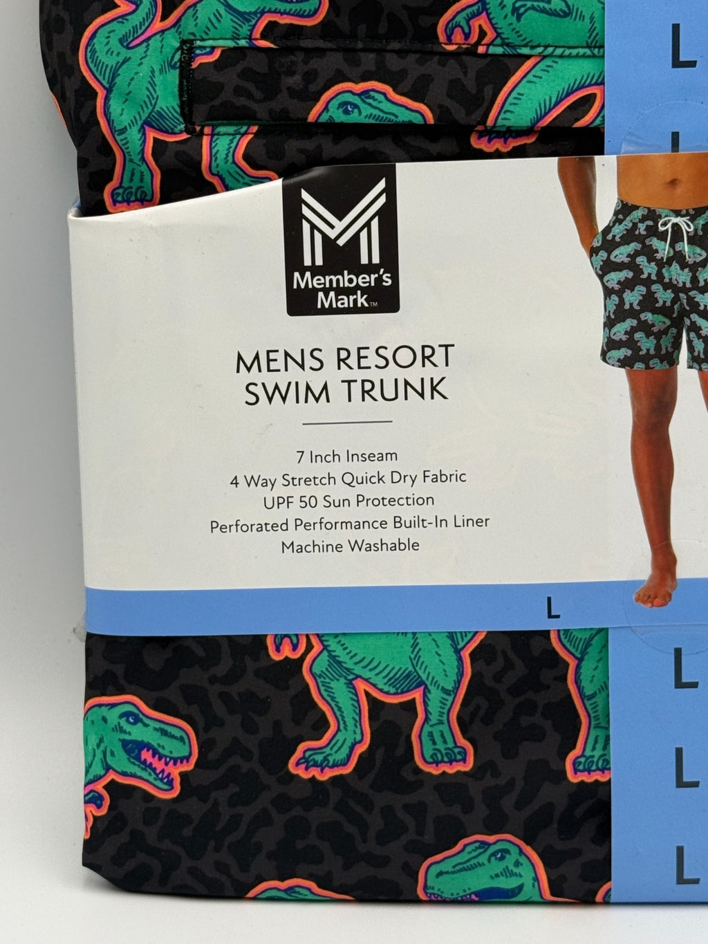 NWT Member's Mark Resort Swim Trunks Men's Large Black Dinosaur Lined 7" Inseam