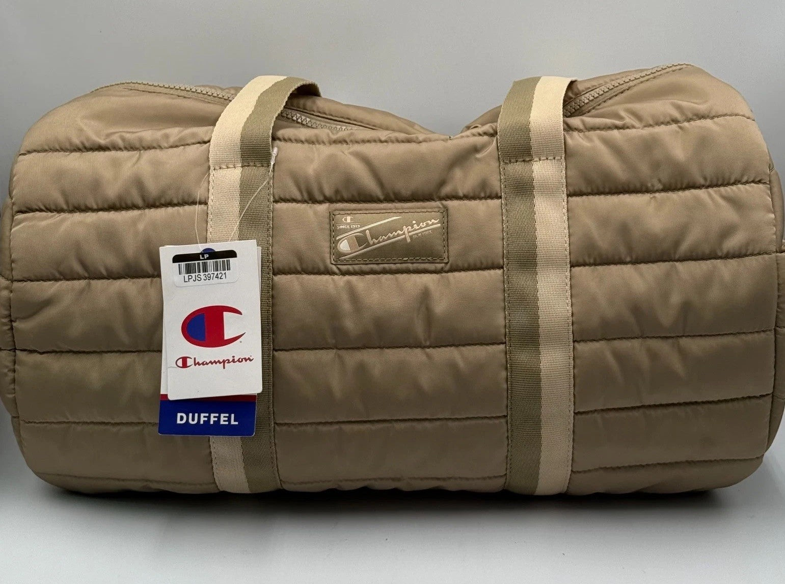 NWT Champion Billie Quilted Duffel Bag Beige Puffer Weekender Gym Travel Tote