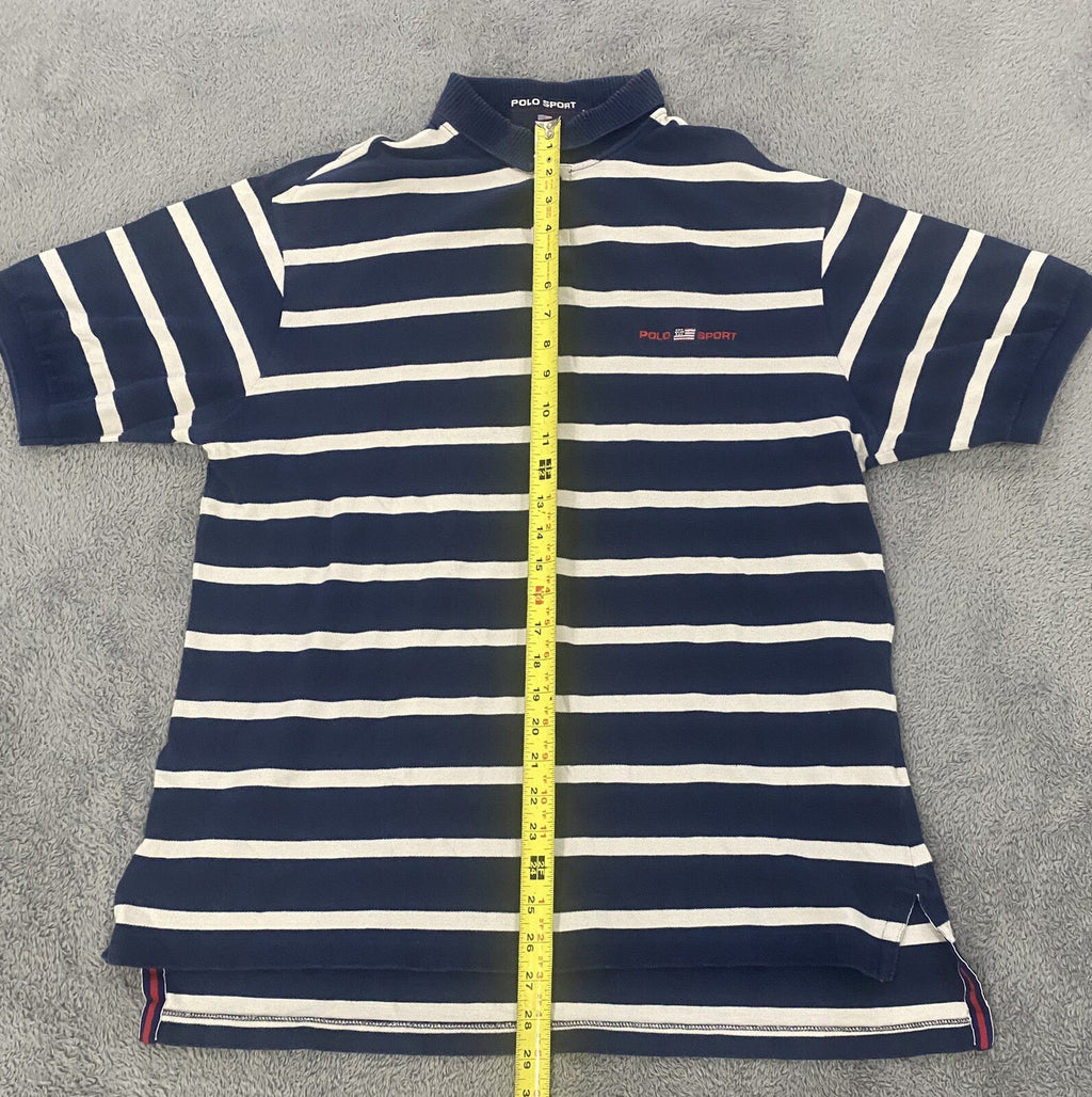VINTAGE POLO RALPH LAUREN MEN'S LARGE Navy Blue White Stripes POLO SPORT Shirt