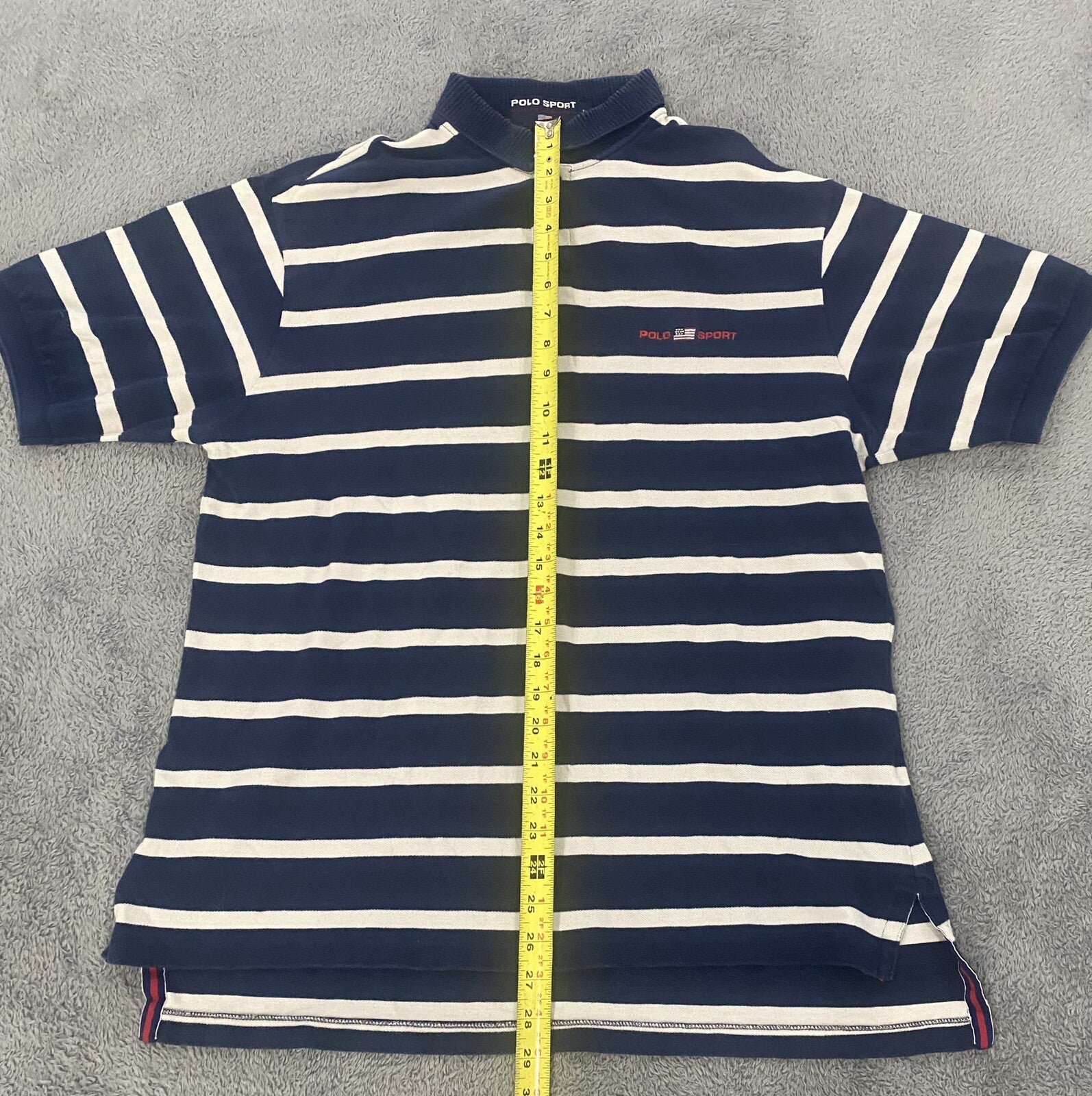 VINTAGE POLO RALPH LAUREN MEN'S LARGE Navy Blue White Stripes POLO SPORT Shirt